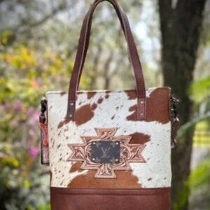 Upcycled LV Cowhide Leather Tote Shoulder Bag Western Boho